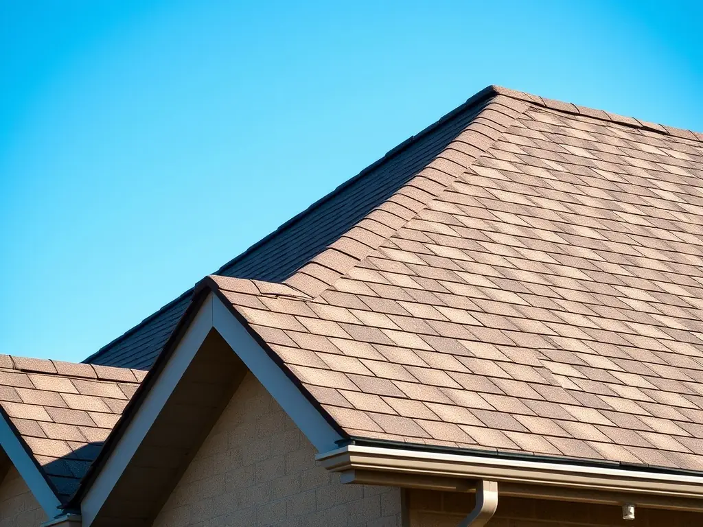 A high-angle, sunlit photograph showcasing a newly installed asphalt shingle roof on a residential home, highlighting the clean lines and professional finish of DD Construction's work. The image should convey durability and aesthetic appeal.