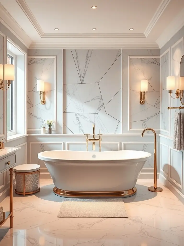 A luxurious bathroom with a freestanding tub, walk-in shower with glass doors, and elegant tile work. The image should evoke a sense of relaxation and sophistication, highlighting DD Construction's expertise in creating spa-like bathrooms.