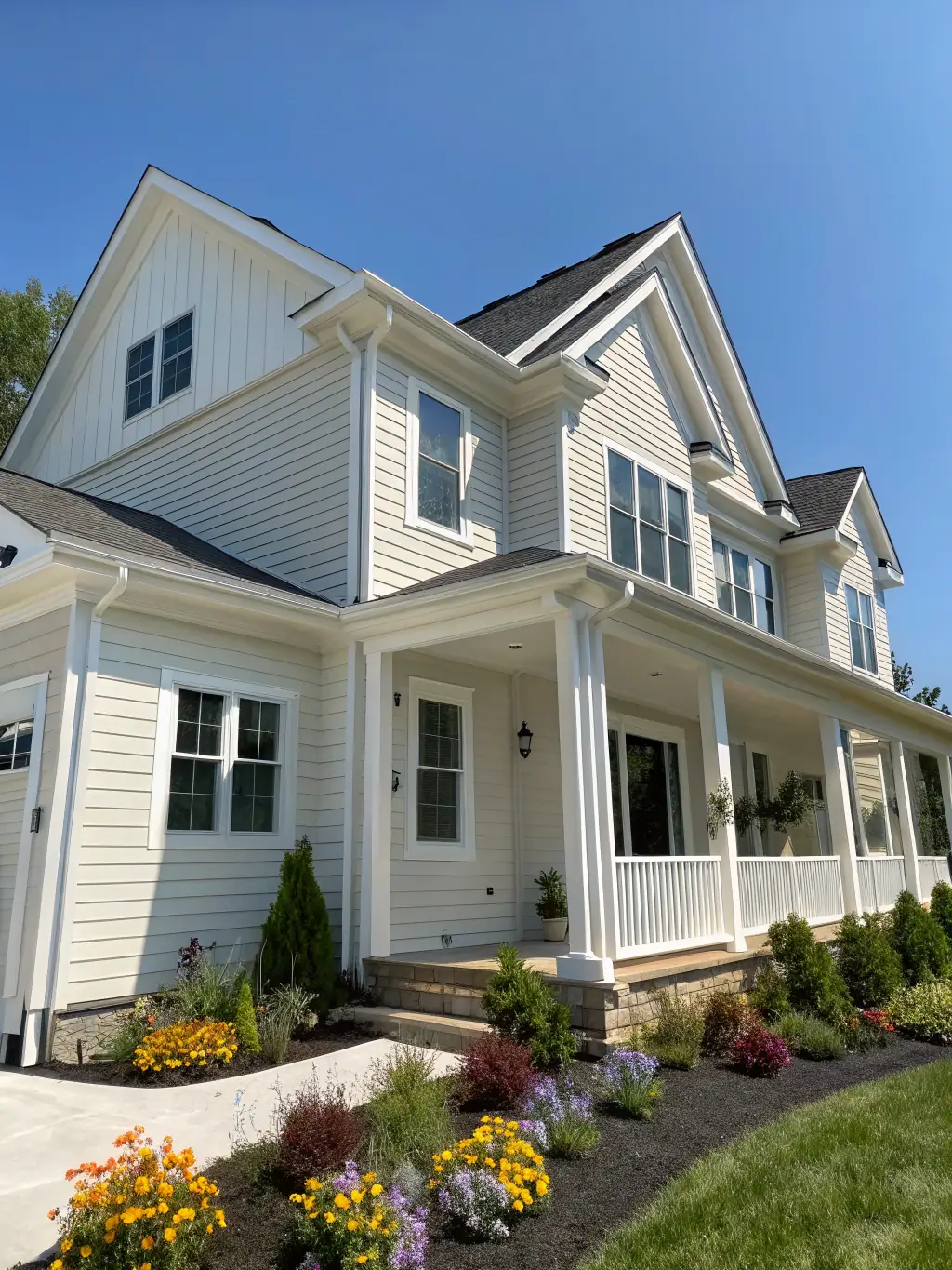 A close-up shot of newly installed vinyl siding on a residential home, showcasing its clean lines and modern appearance. The image should highlight the texture and color of the siding.