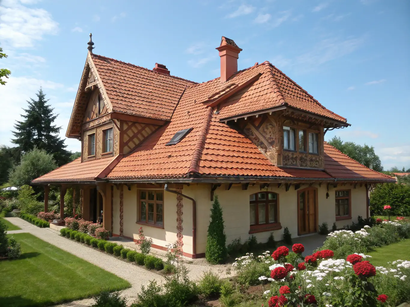 A photograph of a completed tile roofing project, showcasing the elegant and timeless aesthetic of tile roofing. The image should highlight the craftsmanship and attention to detail of DD Construction's roofing team.