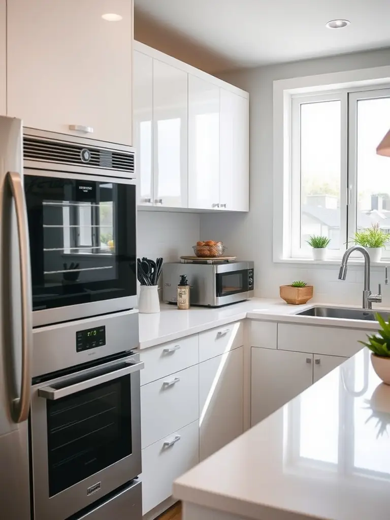 A brightly lit, modern kitchen featuring white cabinets, stainless steel appliances, and a large island with bar stools. The image should convey cleanliness, functionality, and contemporary design, showcasing DD Construction's ability to create stylish kitchens.
