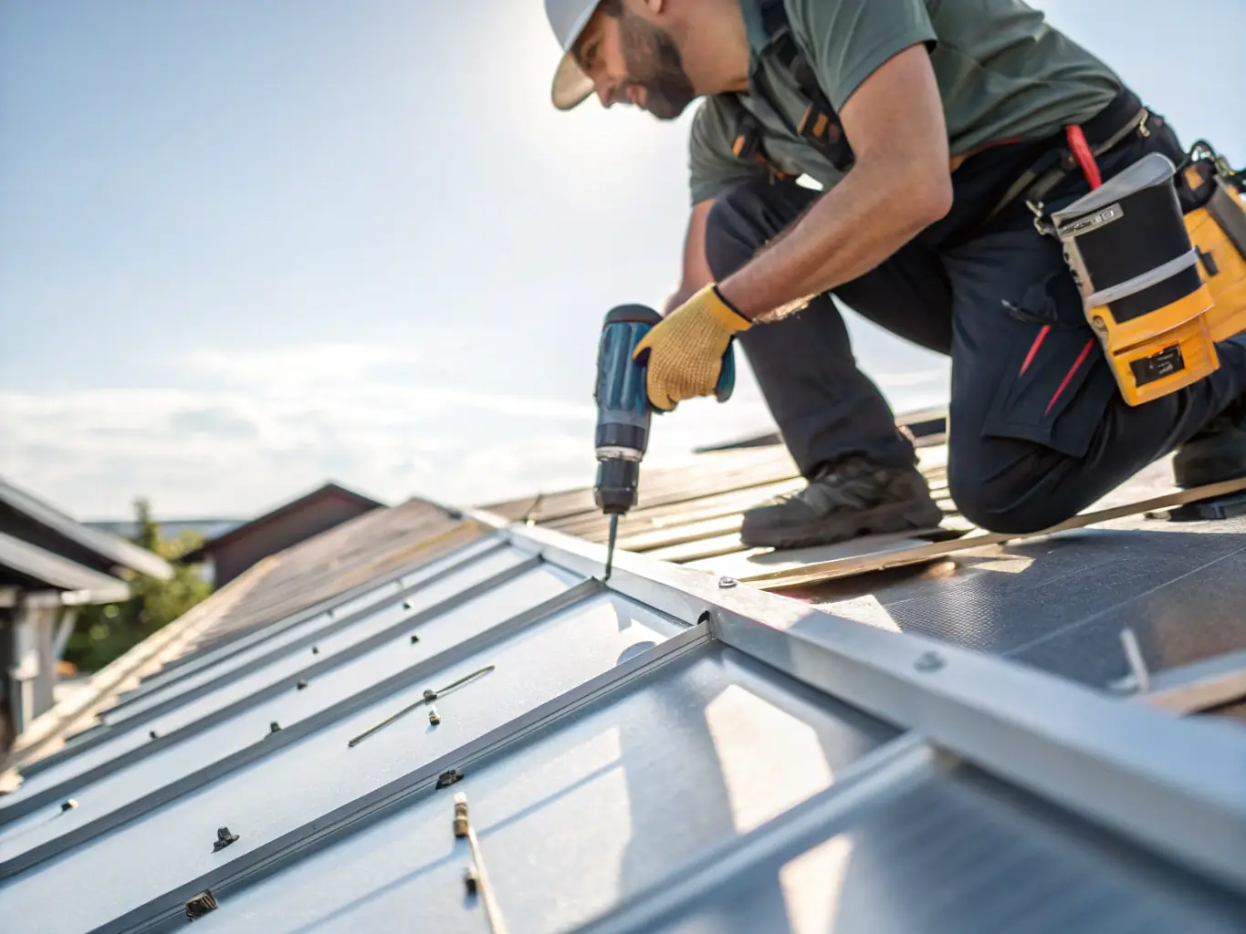 A close-up photograph of a metal roof installation in progress, showcasing the precision and expertise of DD Construction's roofing team. The image should emphasize the durability and longevity of metal roofing.