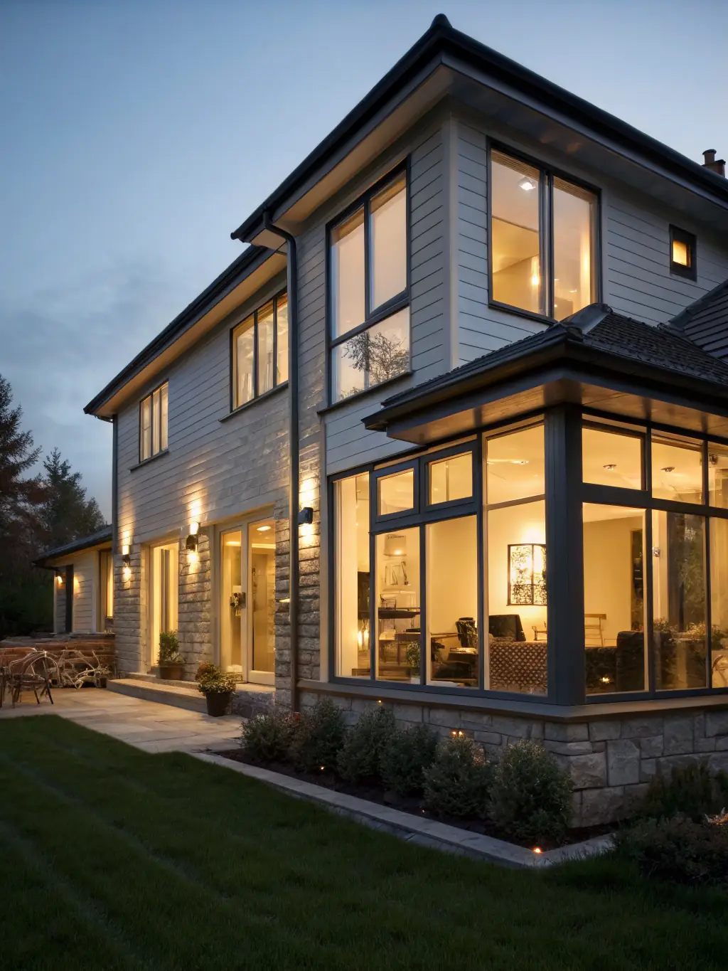 A modern home featuring newly installed energy-efficient windows, showcasing their sleek design and improved insulation. The image should highlight the clarity and style of the windows.