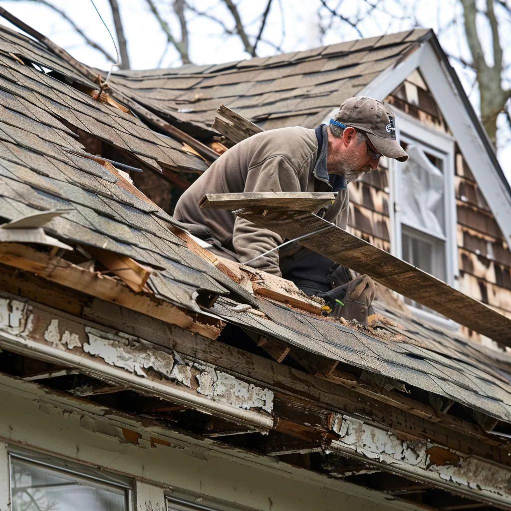 a massachusetts contractor inspects a partially stripped roof under a clear blue sky, with scaffolding and tools arranged neatly, showcasing the precise and organized process of roof replacement in an urban residential setting.