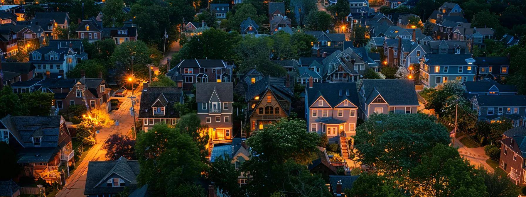 a captivating aerial view of a diverse neighborhood in massachusetts showcasing a variety of homes with distinct asphalt shingle roofs, illuminated by the warm glow of evening light, highlighting the contrast between traditional architecture and contemporary updates.