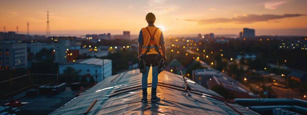 a confident certified roof contractor in massachusetts inspects a meticulously detailed rooftop under vibrant urban light, emphasizing the professionalism and expertise that sets them apart in the competitive roofing industry.
