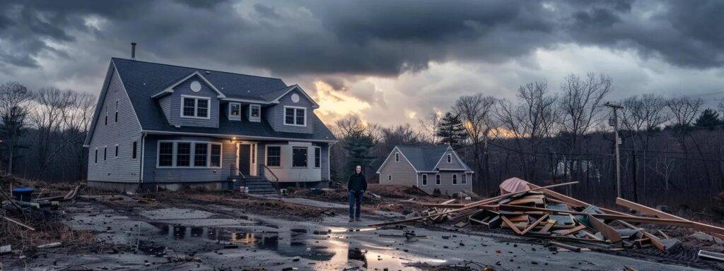 a confident contractor inspects a damaged roof from a modern massachusetts home after a storm, surrounded by scattered debris and construction tools, under an overcast sky that hints at lingering rain.