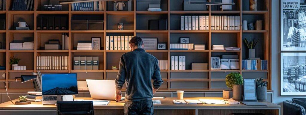 a confident homeowner stands in an organized office space, reviewing detailed contractor portfolios on a sleek desk, illuminated by strategically placed lights that highlight the professionalism and quality of the materials.