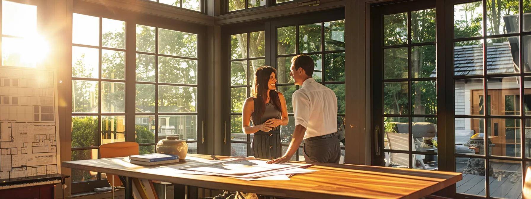 a confident massachusetts roof contractor engages in a detailed conversation with a homeowner at a well-lit office, surrounded by blueprints and samples, showcasing personalized service and commitment to tailored roofing solutions.