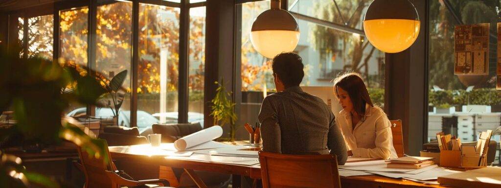 a cozy, inviting office interior showcases a professional family-owned roofing contractor meeting with clients, featuring blueprints and roofing samples spread across a polished desk under warm ambient lighting.