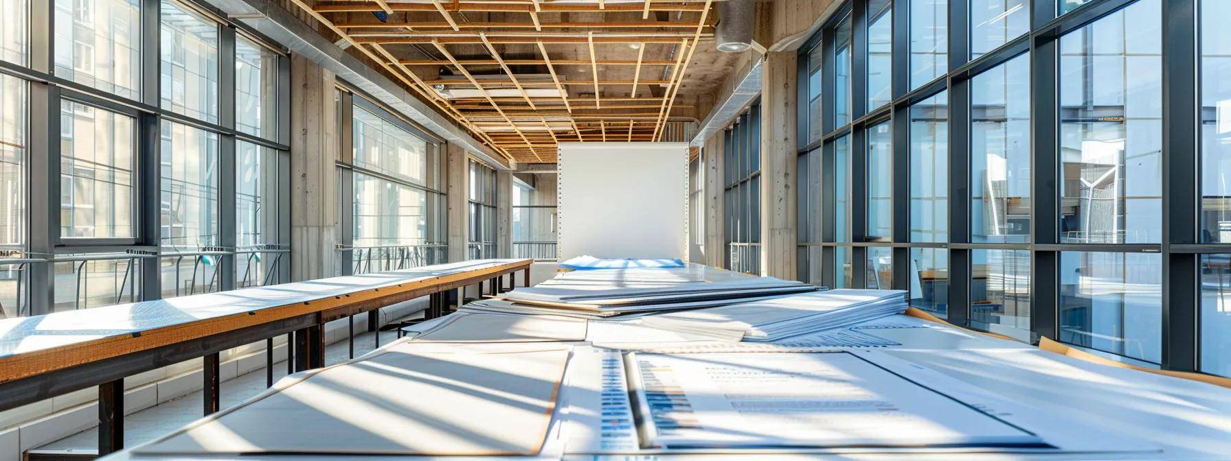 a detailed architectural comparison of a flat roof and a pitched roof showcased in a professional massachusetts office setting, emphasizing the contrasting styles and materials while featuring informative charts and documents in the background.