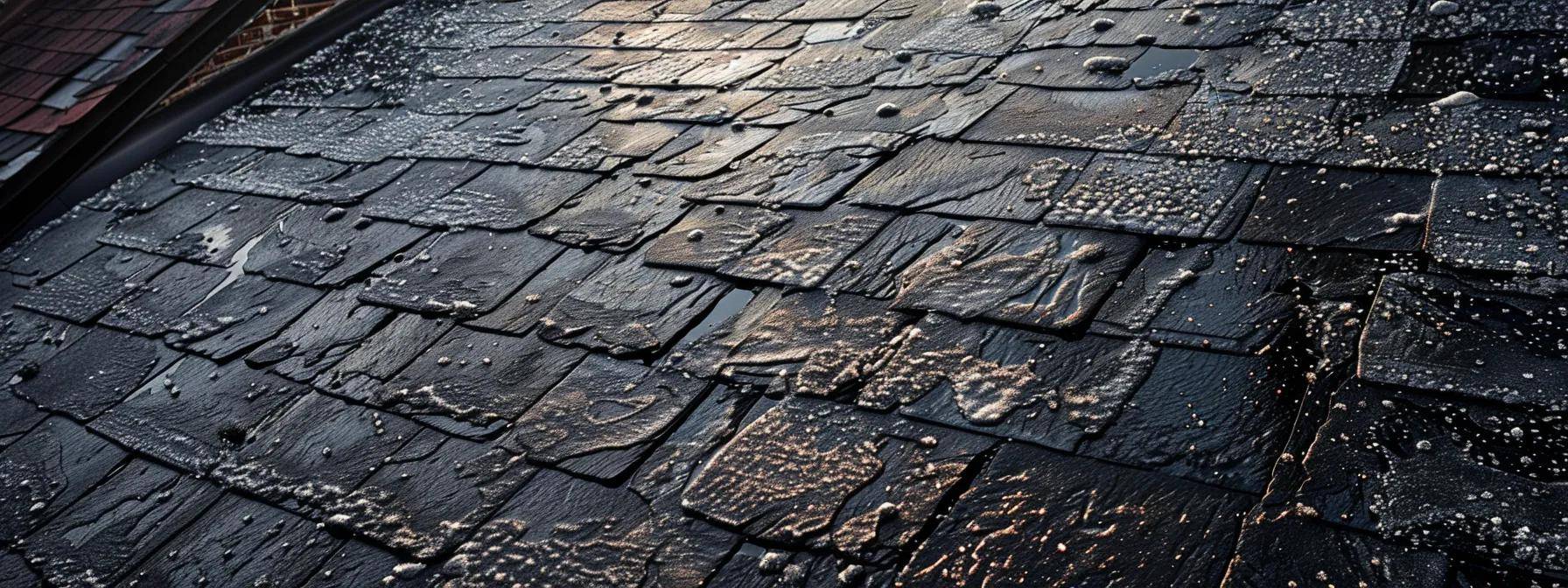 a detailed urban rooftop scene in massachusetts showcases weather-worn shingles under overcast skies, with visible ice formations and heavy rain, highlighting the impact of winter elements on roofing integrity and durability.