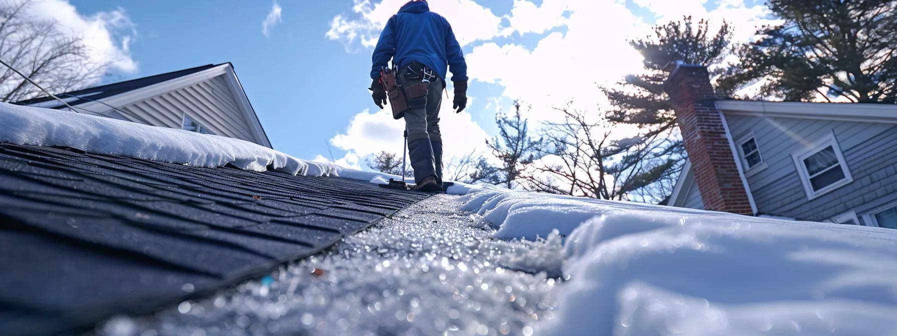 a detailed view of a massachusetts roofing professional inspecting a home’s roof, highlighting winter snow buildup and spring repair tools in an urban setting, with vibrant seasonal contrasts reflecting the impact of weather on roofing needs.