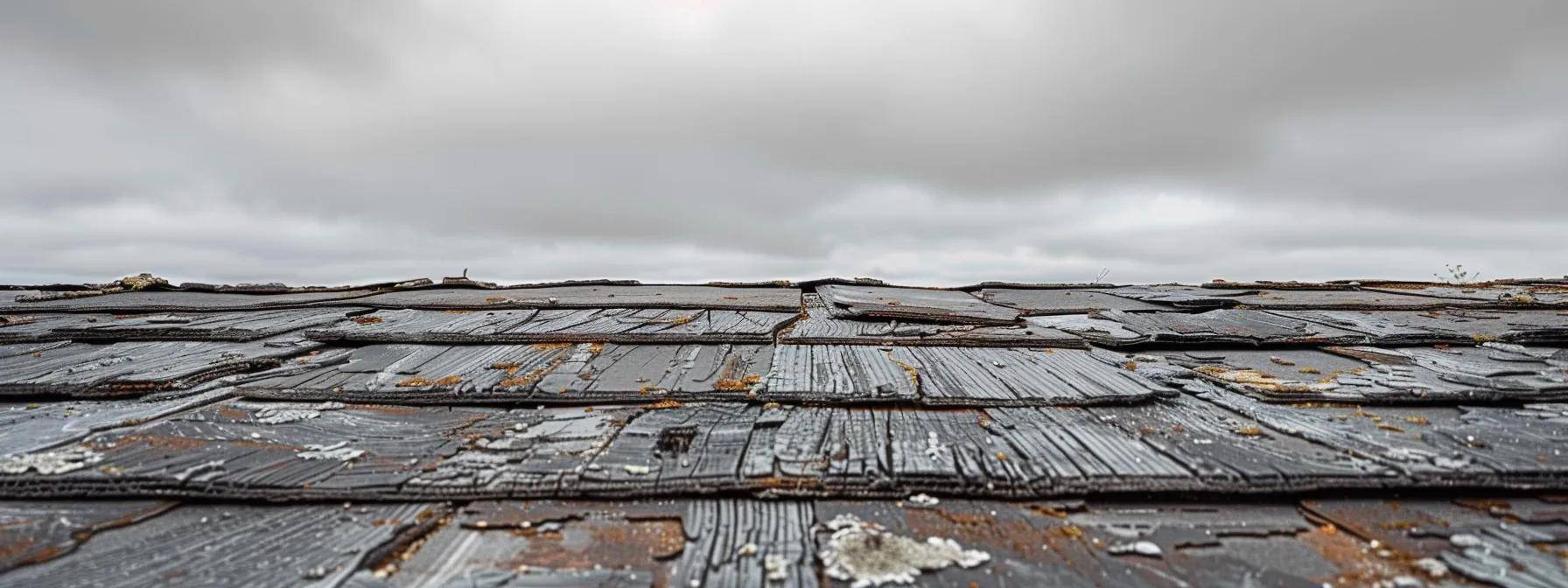 a detailed view of a weathered massachusetts rooftop showcasing signs of wear, such as cracked shingles and rusted flashing, under a moody overcast sky to emphasize the impact of seasonal weather extremes.