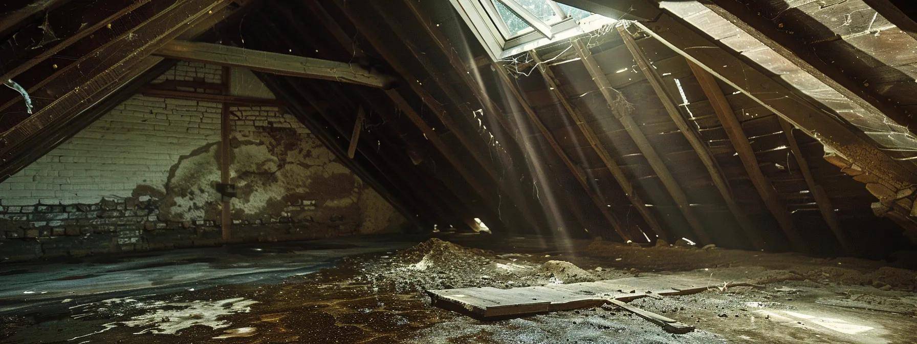 a dramatic interior shot of a dimly lit attic revealing visible water stains on the ceiling and scattered debris, highlighting the critical impact of neglected roof damage.