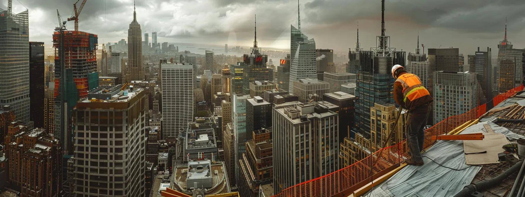a dynamic urban rooftop scene depicts a skilled contractor efficiently applying a heavy-duty tarp over a damaged section of a roof, with specialized tools and protective gear contrasting against a backdrop of modern city skyscrapers under a dramatic overcast sky.