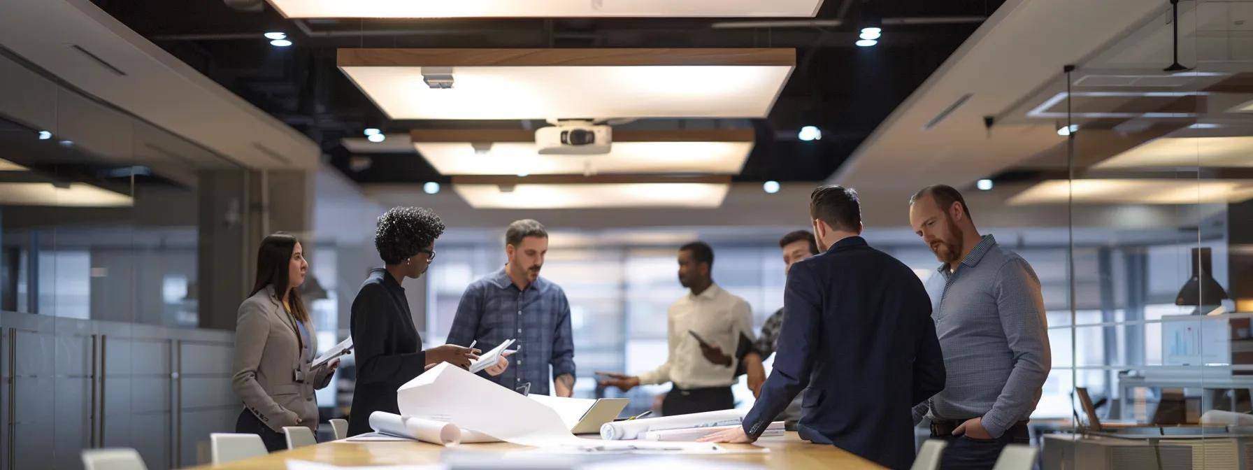 a focused indoor shot of a robust conference room where a diverse group of professionals is attentively reviewing blueprints and discussing the intricacies of massachusetts building codes and permits for roof replacement and repair, illuminated by sleek overhead lighting.