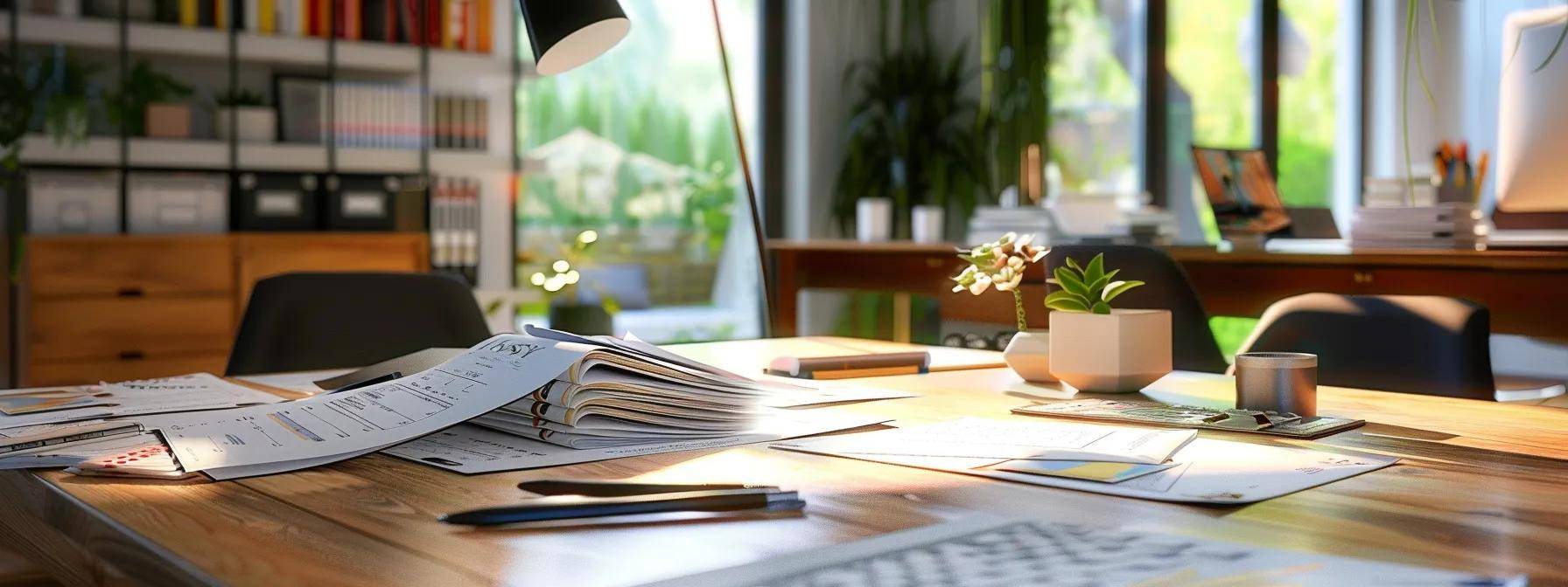 a focused interior scene in a modern home office, featuring a detailed table cluttered with roofing project documents, color-coded budgets, and calculators, emphasizing the complexities of hidden costs involved in hiring a roof contractor.