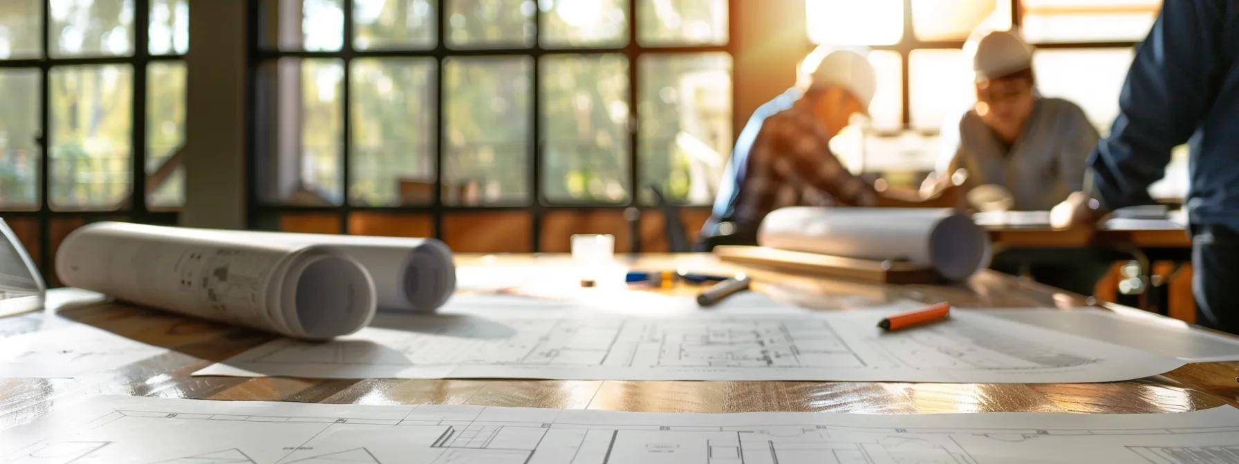 a focused interior shot of a professional meeting room with a polished wooden table, where a homeowner and a roofing contractor engage in a detailed discussion, surrounded by blueprints and samples of roofing materials, emphasizing expertise and collaboration in project planning.