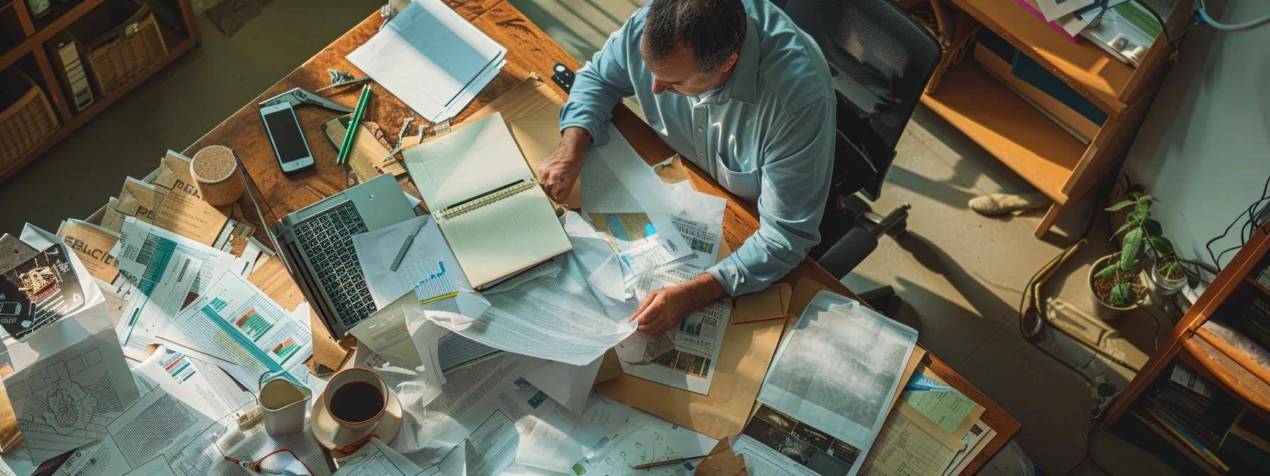 a focused office scene captures a professional discussing storm-damaged roof repairs over a cluttered desk, surrounded by detailed repair estimates, photographs of damage, and an open insurance policy, emphasizing the importance of thorough documentation in filing an insurance claim.