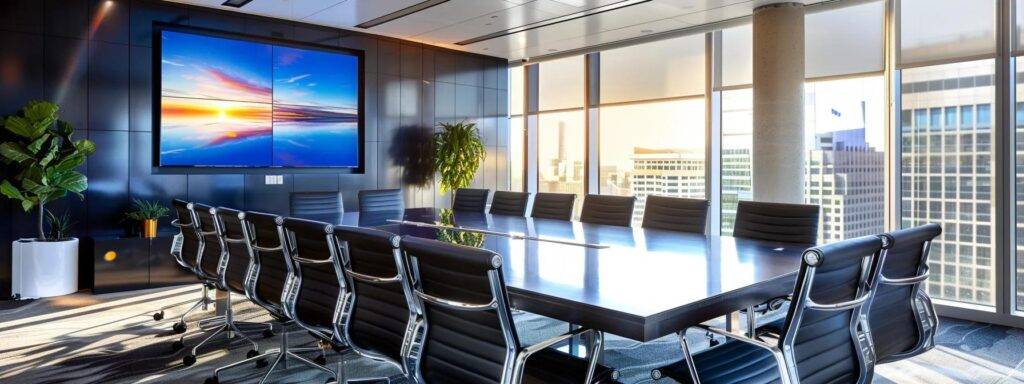 a focused, professional workspace features a sleek conference table with a presentation screen displaying impressive roofing project images, emphasizing the value of gaf-certified roof contractors in massachusetts.
