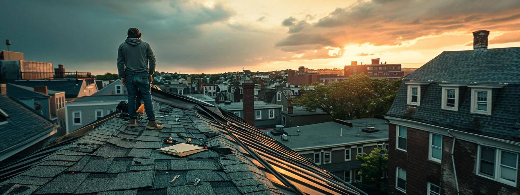 a focused scene of a seasoned roof contractor inspecting a rooftop after a storm in a massachusetts urban environment, equipped with tools and notepad, showcasing their proactive maintenance efforts against weather damage.