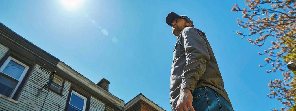 a massachusetts roofing expert meticulously inspects a weathered roof in an urban neighborhood, highlighting visible wear and tear against the backdrop of a clear blue sky and brick buildings.
