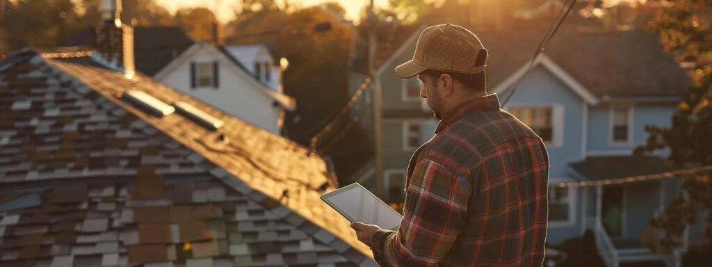 a massachusetts roofing expert analyzes a weathered rooftop with a digital tablet in an urban residential setting, highlighting the contrasting options of roof replacement and repair under bright overhead lights.