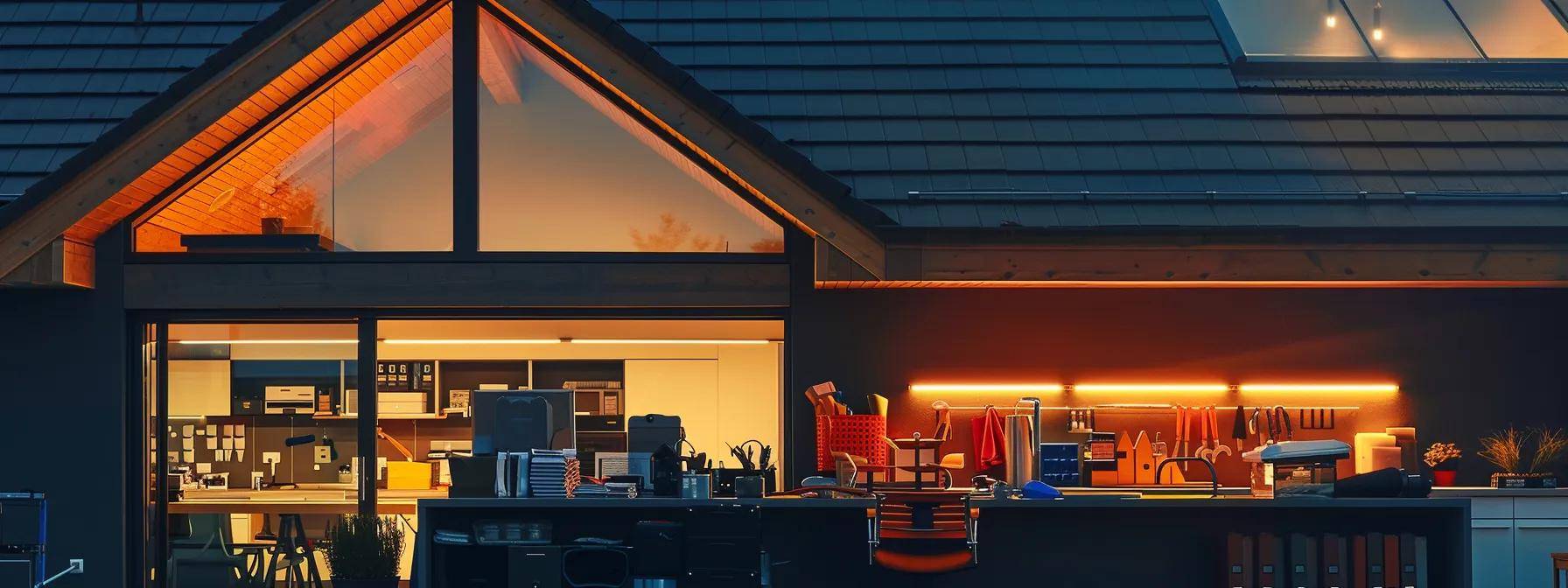 a modern home's roof, prominently featuring storm-resistant materials, is illuminated by dramatic indoor lighting, showcasing annual inspection tools and maintenance equipment arranged on a sleek office desk in the foreground.