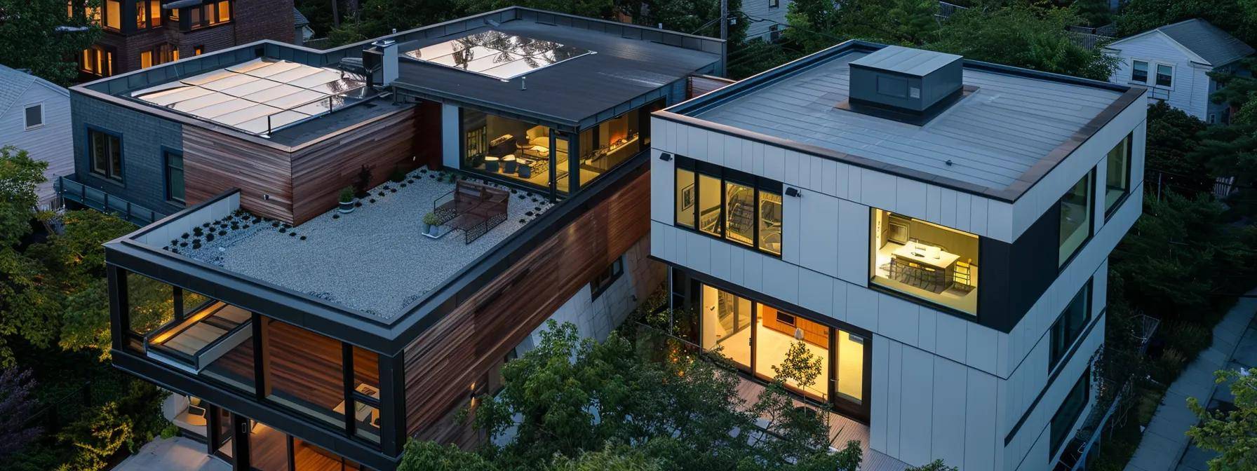 a modern massachusetts residential rooftop, showcasing a stark contrast between a sleek flat roof on one side and a traditional pitched roof on the other, illuminated by dramatic lighting to highlight the textures and materials, emphasizing the differences in design and functionality.