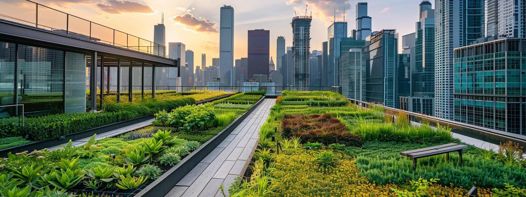 a modern urban rooftop features an array of lush green roofing systems—living roofs, vegetative designs, and sleek solar-integrated panels—showcased against the backdrop of a contemporary city skyline, emphasizing innovative and eco-friendly architecture.