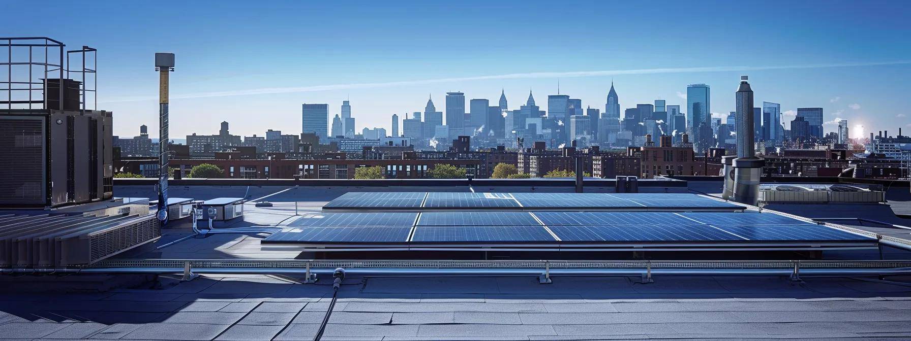 a modern urban rooftop showcases a sleek flat roof with a subtle incline, featuring solar panels and hvac units, expertly blending functionality and contemporary design against a backdrop of a bustling massachusetts skyline.