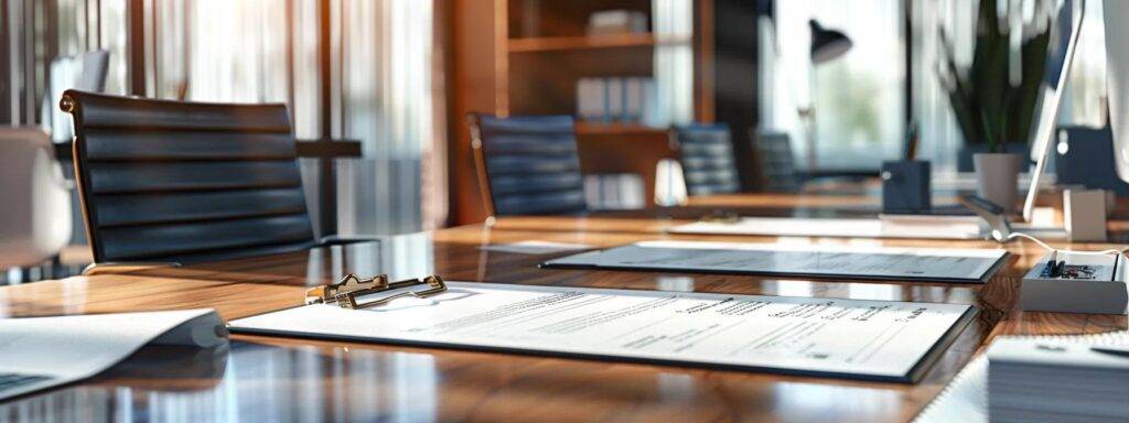 a polished office setting showcases a detailed contract and roofing materials laid out on a sleek conference table, emphasizing the complexities and considerations involved in hiring a roof contractor in massachusetts.