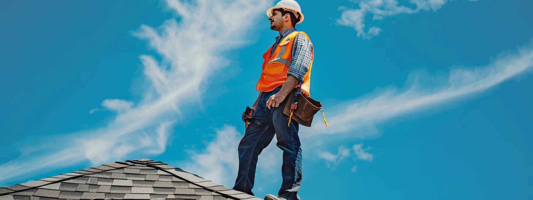 a professional contractor stands confidently on a roof in an urban massachusetts neighborhood, examining shingles and discussing project estimates with a homeowner, surrounded by construction tools and safety equipment under a pristine blue sky.
