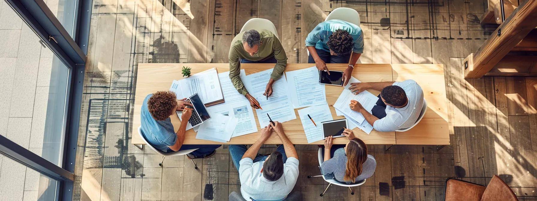 a professional, modern office setting showcases a diverse team of engaged homeowners and contractors intensely reviewing detailed roofing contracts, with clearly defined project scopes and warranty agreements displayed on sleek tablets and documents spread out on the conference table.