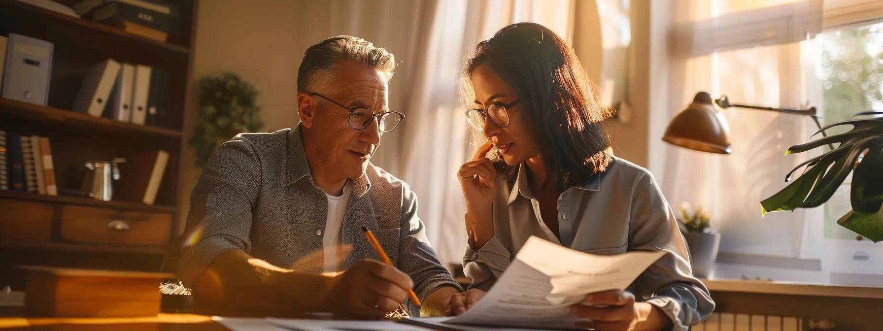 a professional office setting captures a confident insurance adjuster reviewing roof damage documents with a homeowner, bathed in warm, focused lighting that emphasizes their collaborative discussion.