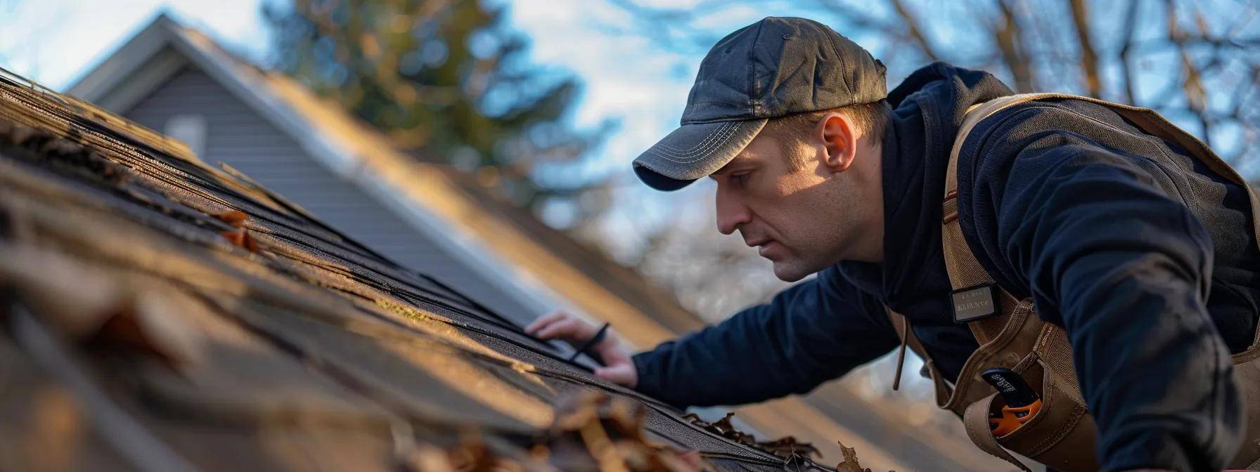 a professional roofing contractor meticulously inspects a weathered rooftop in a sunny massachusetts neighborhood, highlighting the importance of spring maintenance with clear evidence of winter wear and moisture damage.