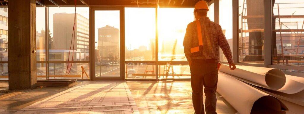 a professional roofing contractor inspects the detailed specifications and guidelines of massachusetts building codes in a modern office, surrounded by architectural blueprints and construction materials.