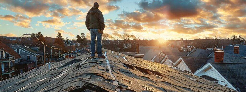 a professional roofing contractor inspects a weathered rooftop in a bustling massachusetts urban neighborhood, showcasing various roofing materials against a backdrop of changing skies, emphasizing the impact of local weather on roofing conditions.