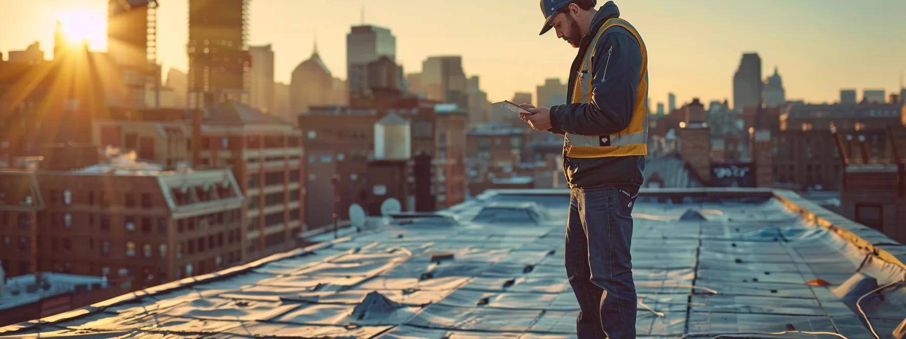 a seasoned roofing expert meticulously inspecting a weathered massachusetts rooftop, surrounded by urban architecture, showcasing a clear focus on the comprehensive evaluation of the roof’s structural integrity.