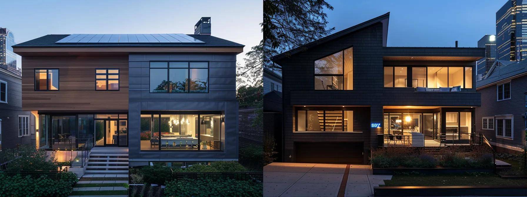 a sleek, modern massachusetts home showcases a side-by-side comparison of flat and pitched roofs under dramatic lighting, emphasizing architectural elegance and seasonal resilience against the backdrop of a clear urban skyline.