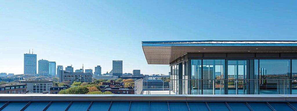 a sleek, modern massachusetts home showcases an innovative roofing design, featuring eco-friendly materials and cutting-edge technology, framed by a clear blue sky and the urban skyline in the background.