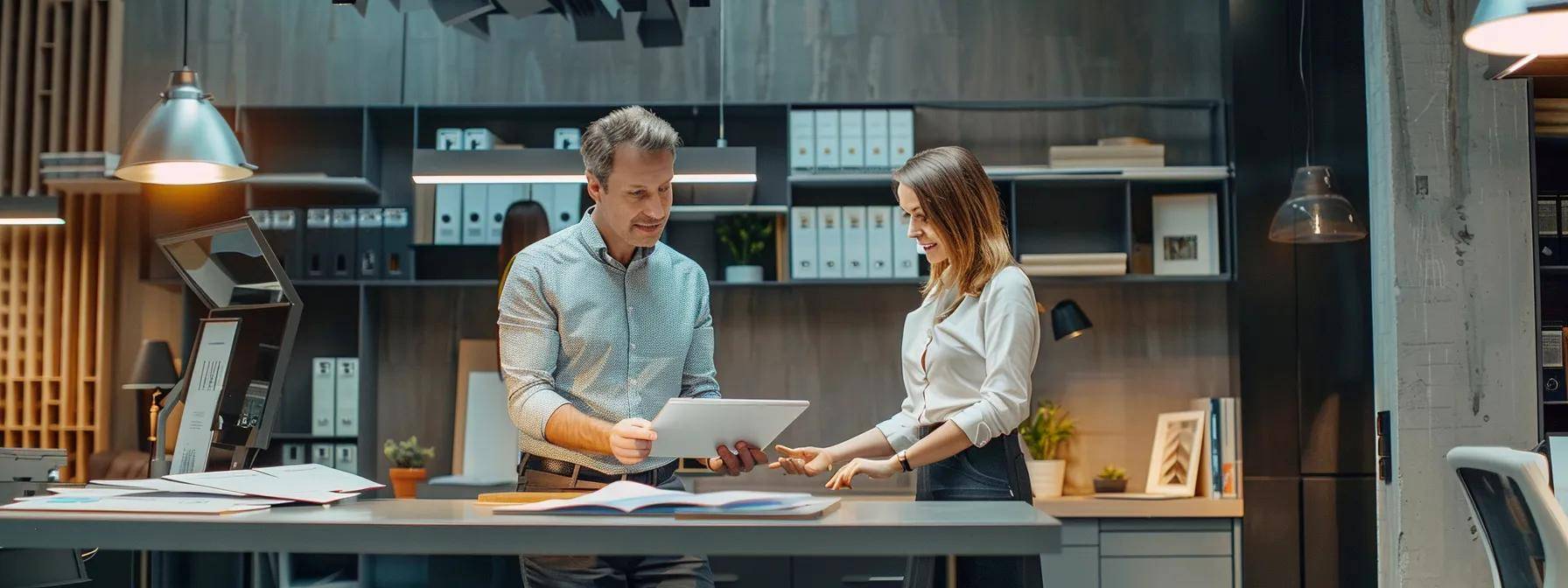 a sleek, modern office space featuring a confident homeowner discussing roofing options with an experienced contractor, both analyzing detailed roofing material samples and long-term cost benefits chart on a digital tablet, illuminated by bright, focused overhead lighting.