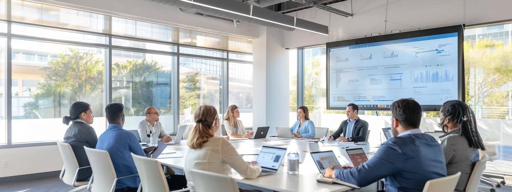a sleek, modern office conference room showcases a presentation on weather-resistant roofing solutions, with a large display highlighting key benefits and costs, while a group of diverse, engaged professionals collaborates around a minimalist table under bright, focused lighting.