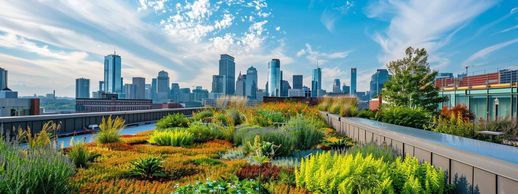 a sleek, modern urban rooftop filled with vibrant green roofing systems showcases innovative design and sustainable practices against a backdrop of the massachusetts skyline.