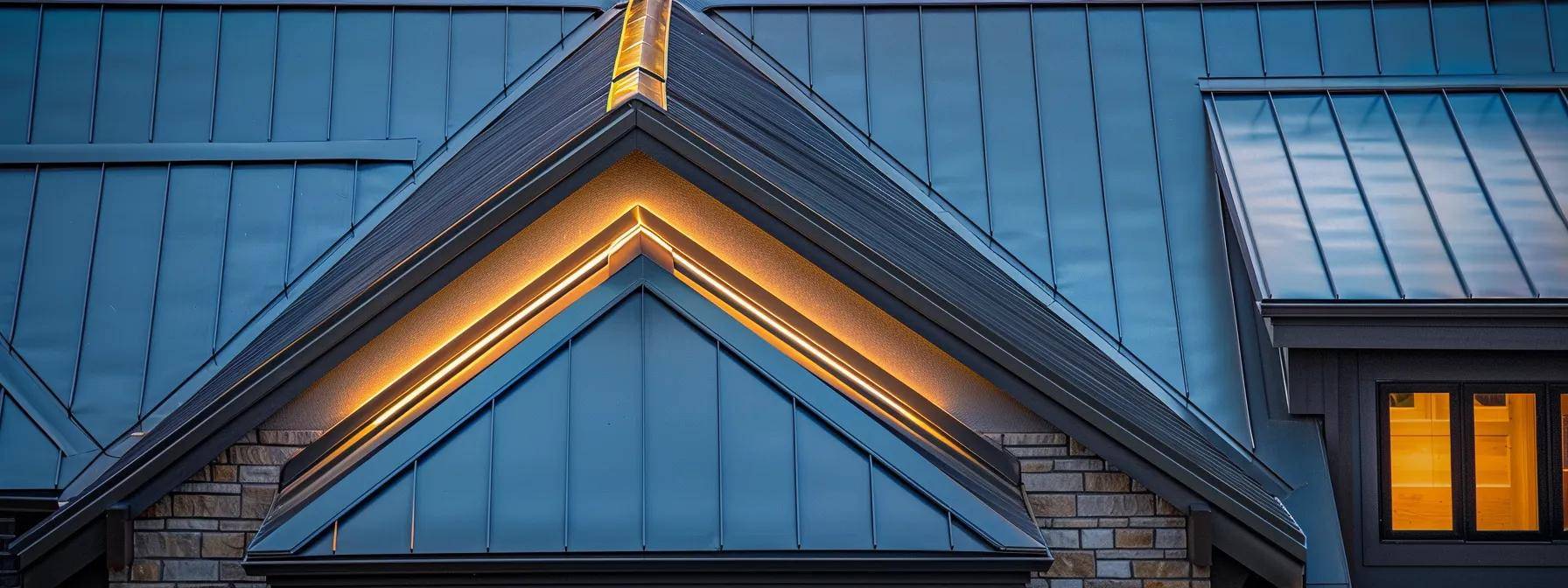 a sleek, modern urban home showcases a striking comparison of a shiny metal roof on one side and a textured asphalt shingle roof on the other, illuminated under bright artificial lights to highlight their contrasting styles and materials.