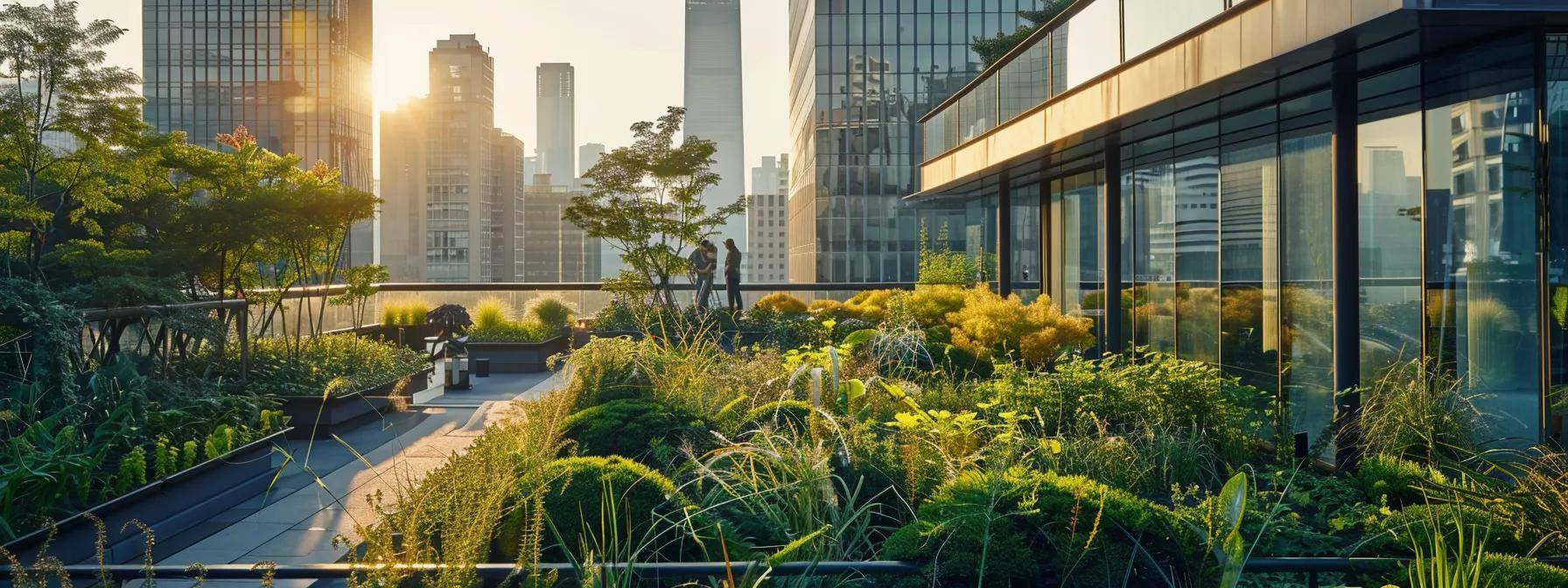 a sleek urban rooftop garden in a cityscape, showcasing a dedicated team of professionals conducting detailed maintenance and inspections on vibrant green vegetation nestled among modern architectural elements.