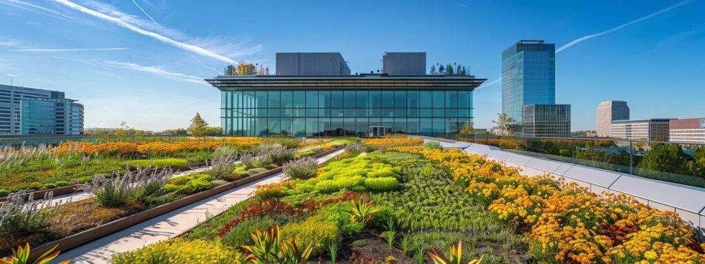a sleek urban rooftop adorned with a vibrant green roof, showcasing innovative planting designs and sustainable materials under a clear blue sky, illustrating modern roof contractors' commitment to eco-friendly solutions in massachusetts.