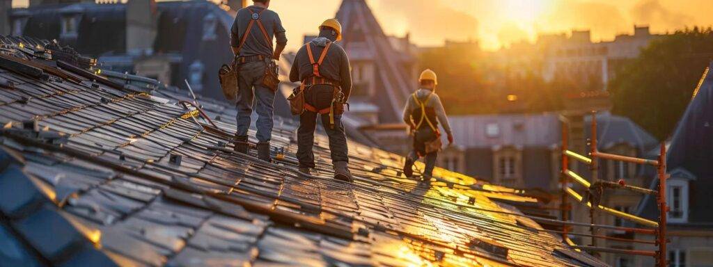 a team of professional roof contractors meticulously inspecting a slate roof atop a well-maintained urban building, with tools and safety equipment strategically arranged, emphasizing the importance of seasonal roof maintenance.
