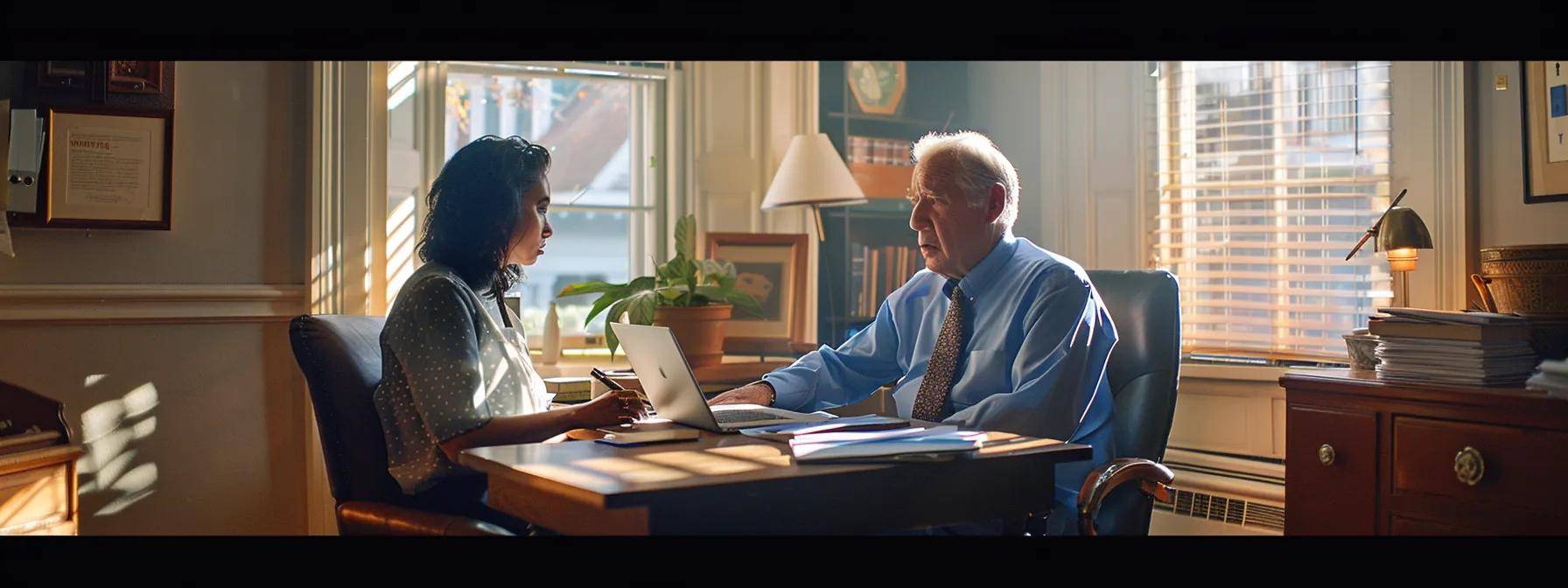a tense office environment showcases a focused homeowner engaged in a serious discussion with a legal advisor, surrounded by documents and a laptop, highlighting the complexities of filing roof damage claims in massachusetts.